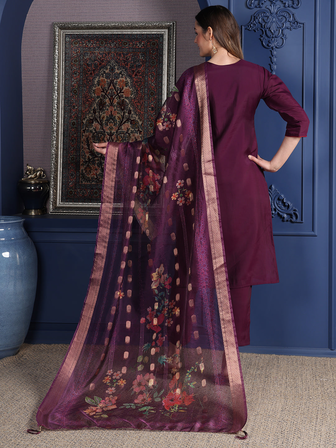 Hand Embroidered Kurta With Pant & Printed Dupatta, Purple - Hiral Fashion