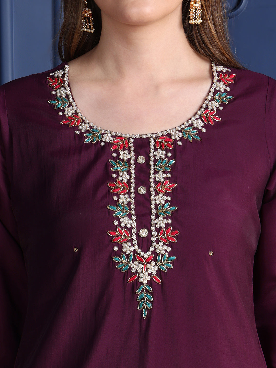 Hand Embroidered Kurta With Pant & Printed Dupatta, Purple - Hiral Fashion