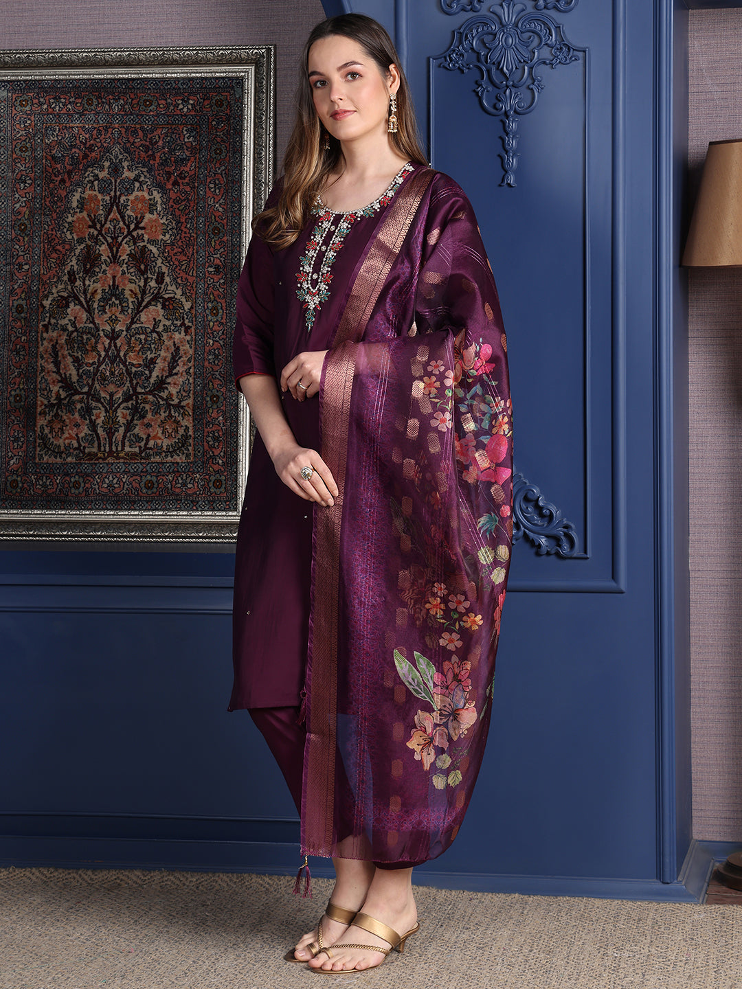 Hand Embroidered Kurta With Pant & Printed Dupatta, Purple - Hiral Fashion