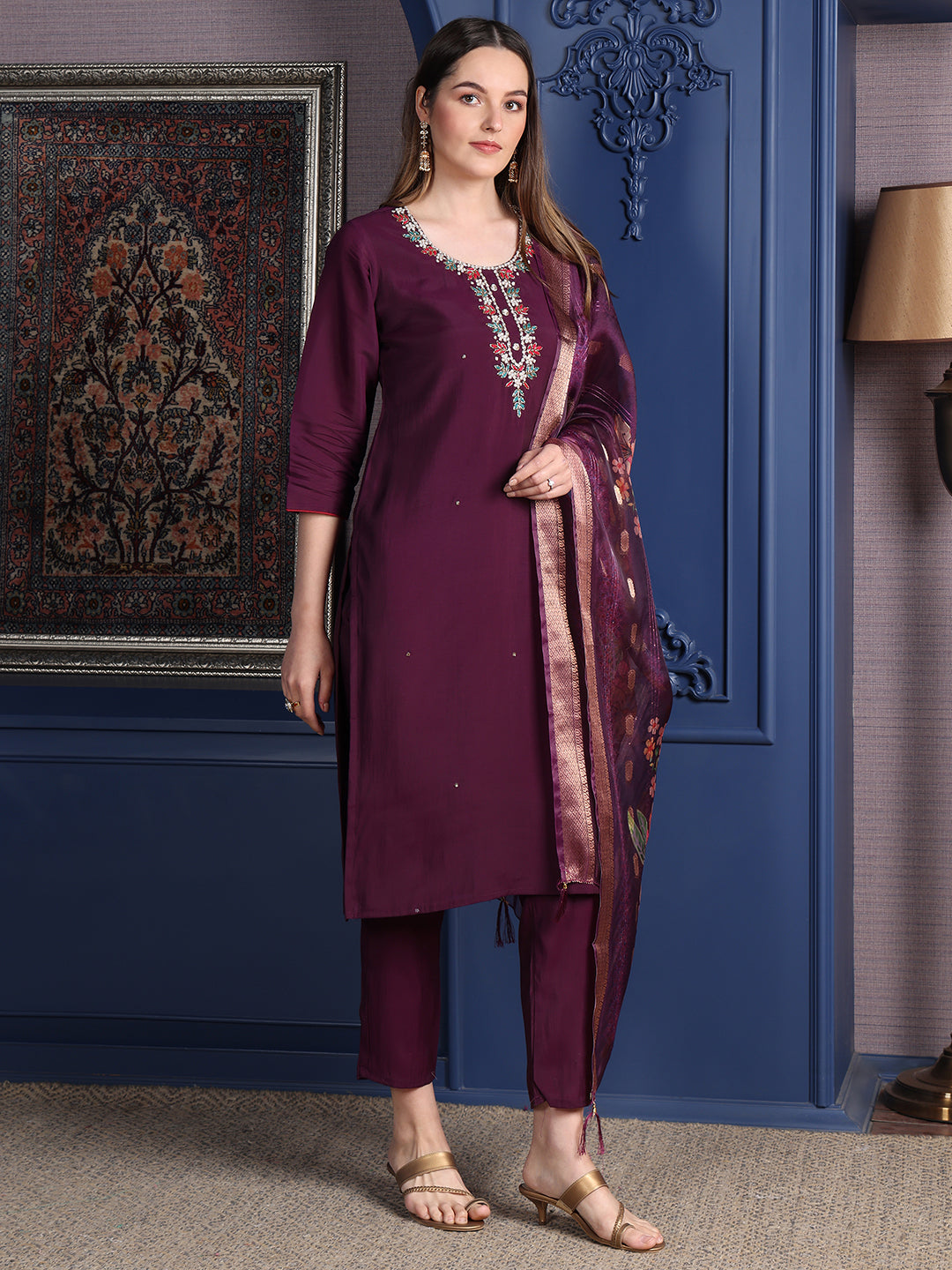 Hand Embroidered Kurta With Pant & Printed Dupatta, Purple - Hiral Fashion