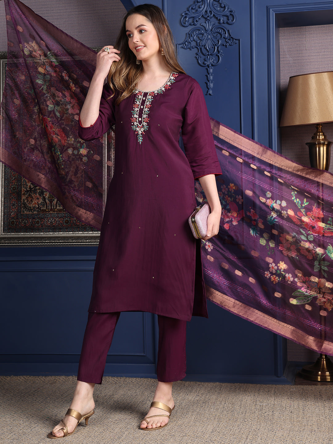 Hand Embroidered Kurta With Pant & Printed Dupatta, Purple - Hiral Fashion