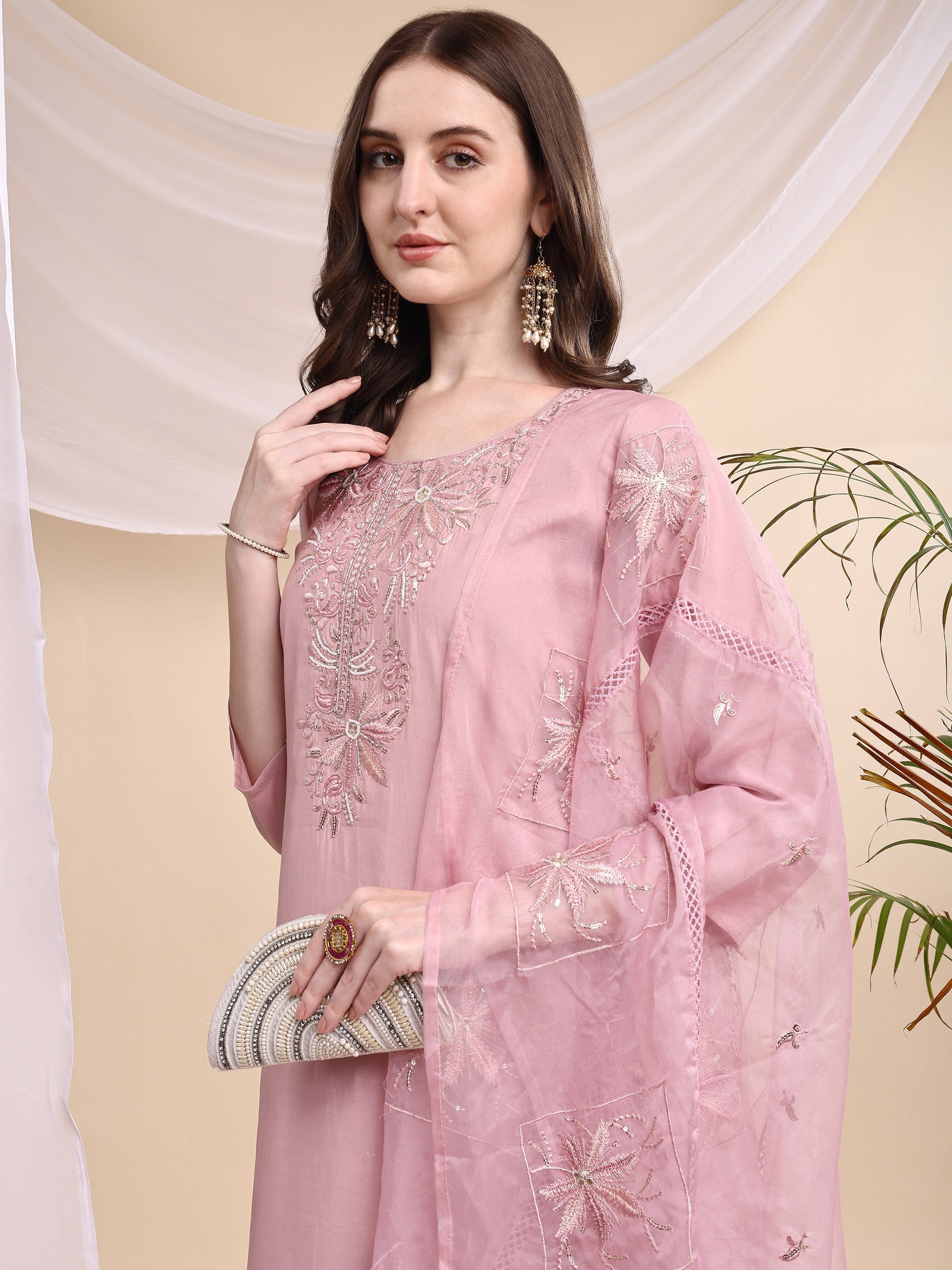 Embroidered Kurta With Pant & Printed Organza Dupatta, Pink - Hiral Fashion