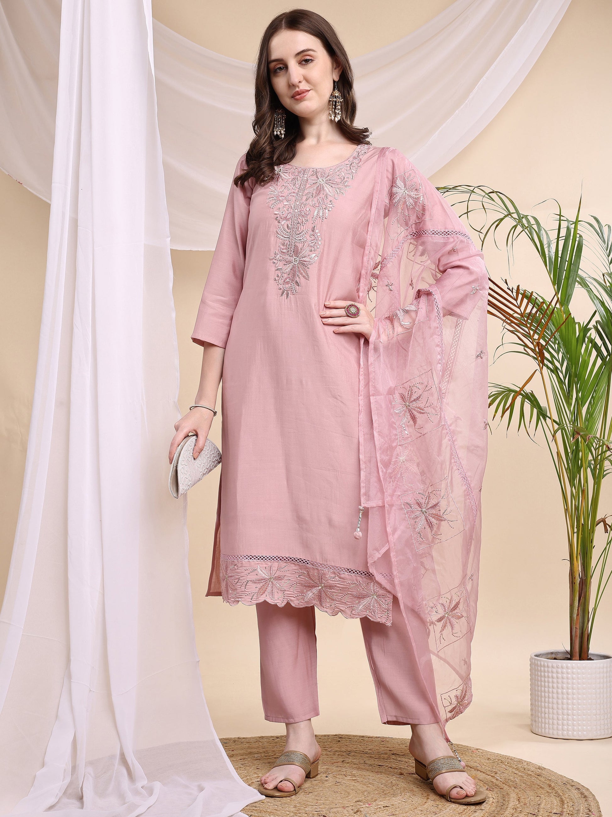 Embroidered Kurta With Pant & Printed Organza Dupatta, Pink - Hiral Fashion