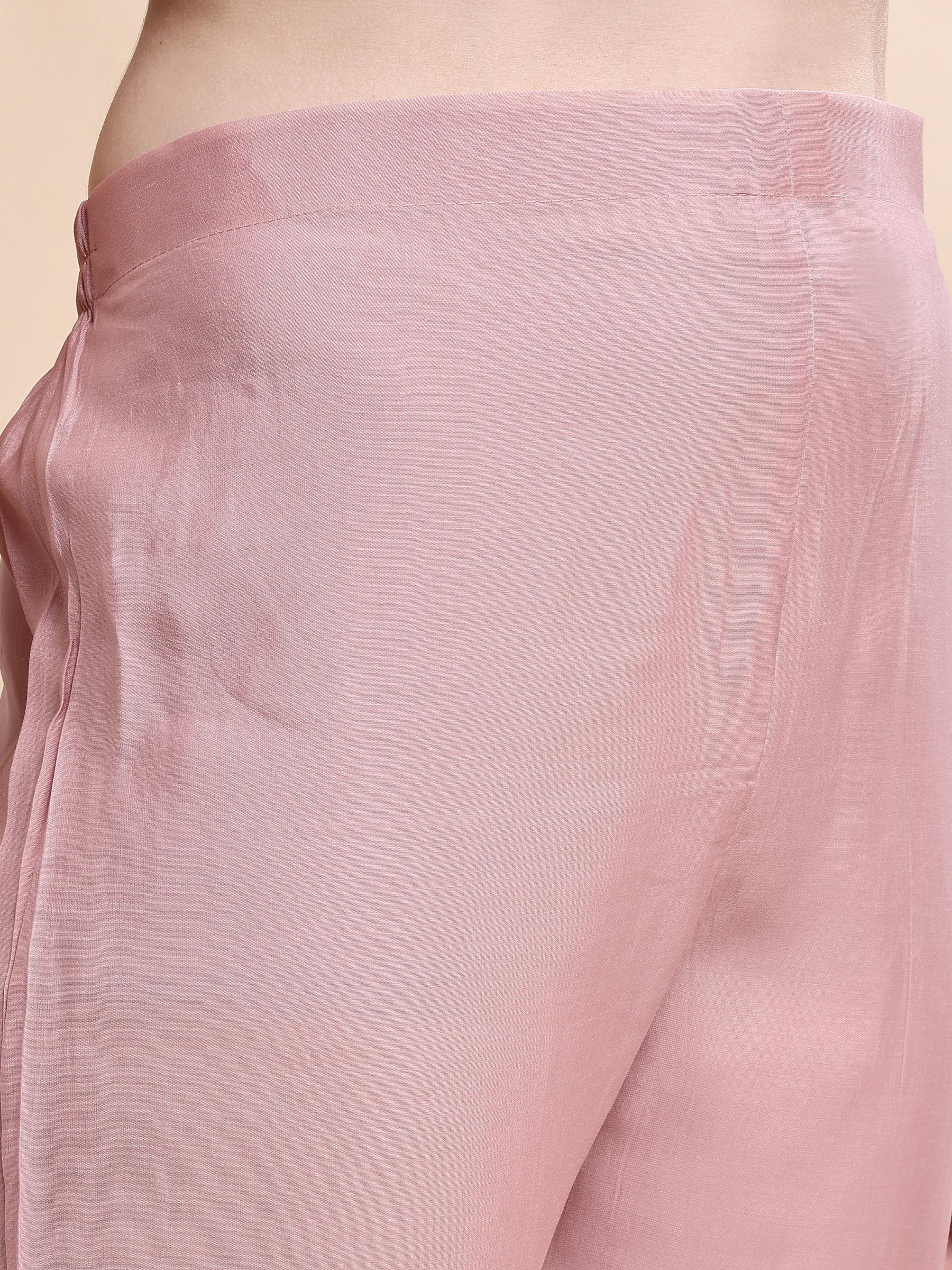 Embroidered Kurta With Pant & Printed Organza Dupatta, Pink - Hiral Fashion