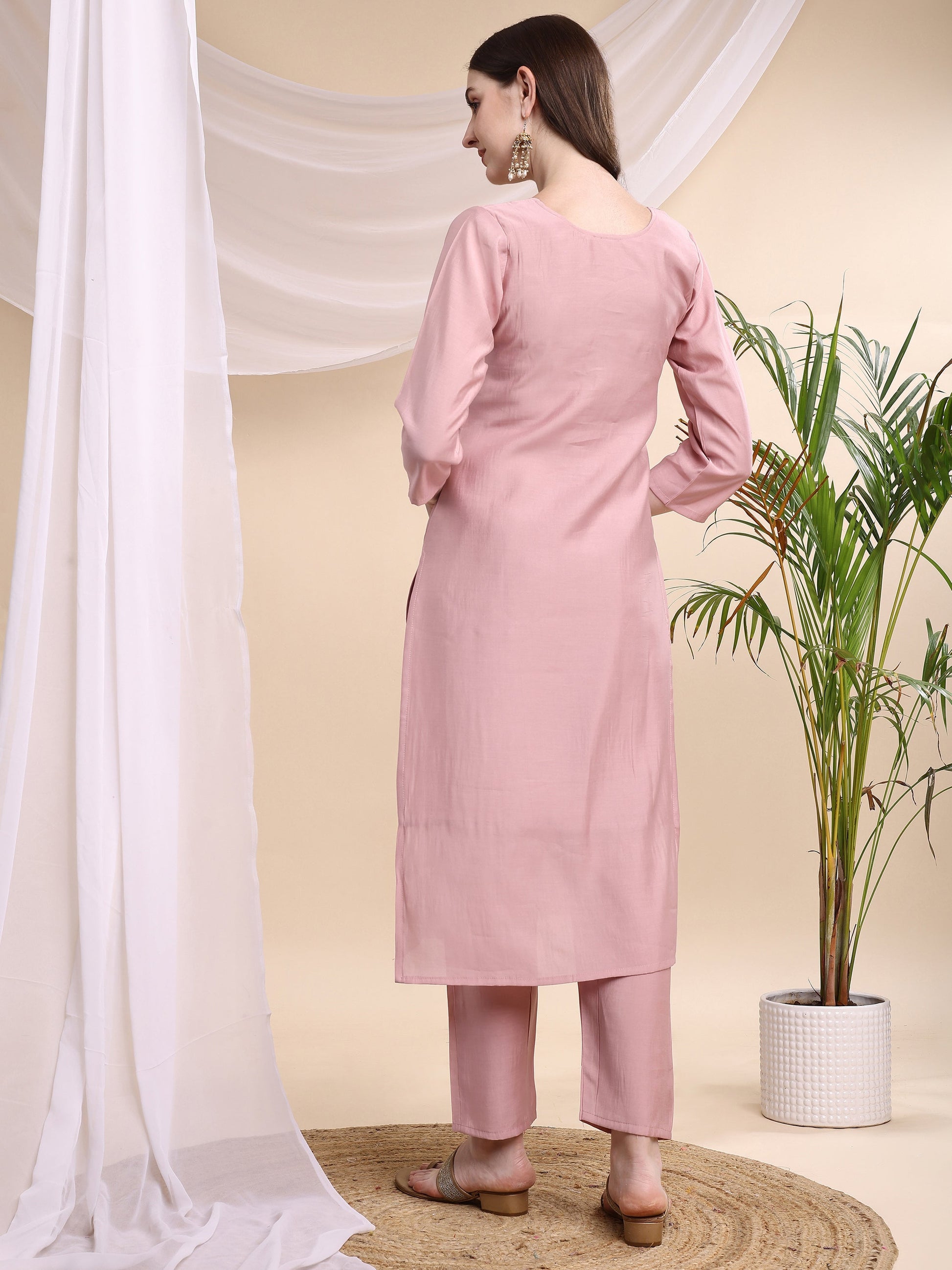 Embroidered Kurta With Pant & Printed Organza Dupatta, Pink - Hiral Fashion