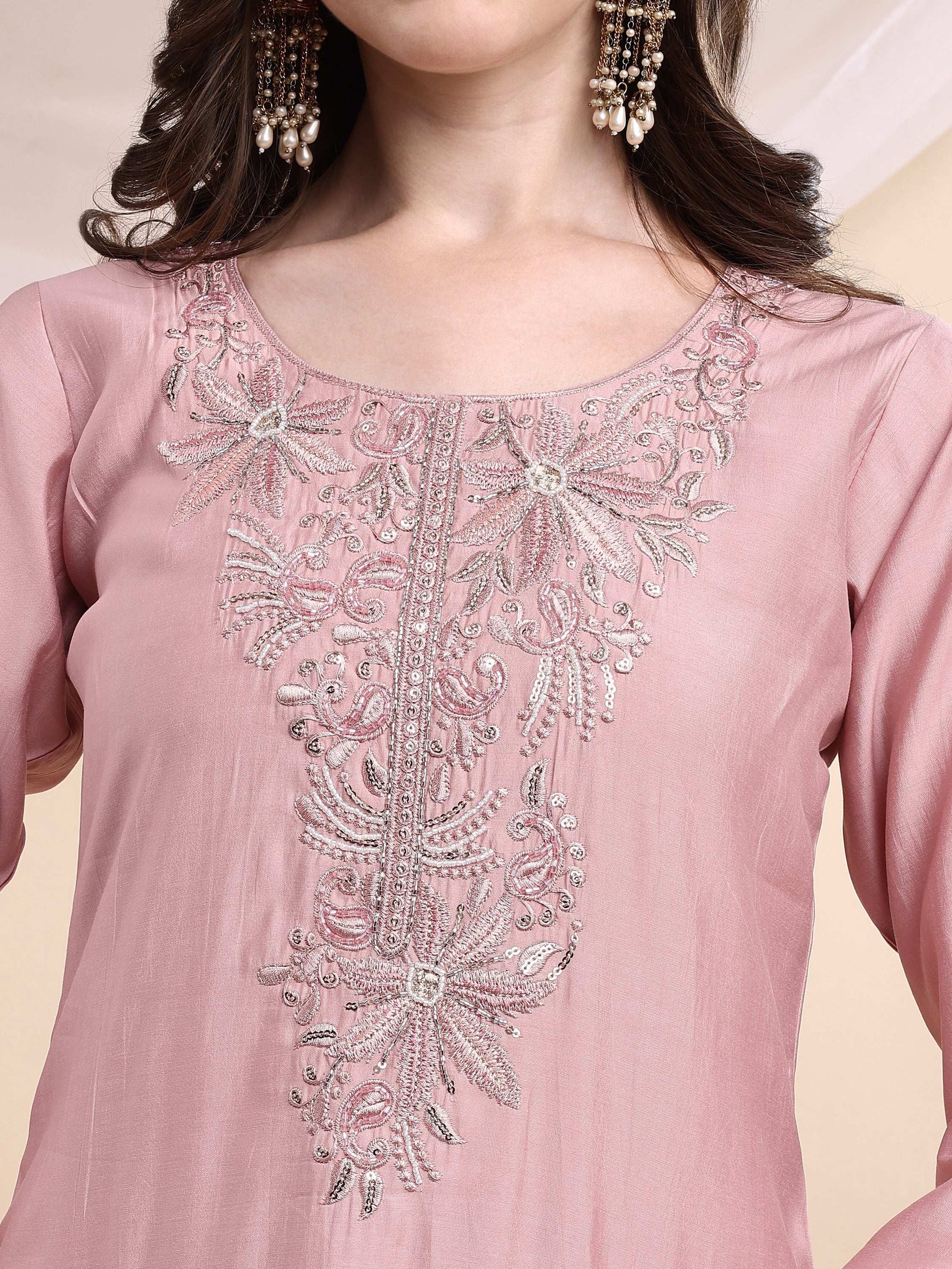 Embroidered Kurta With Pant & Printed Organza Dupatta, Pink - Hiral Fashion