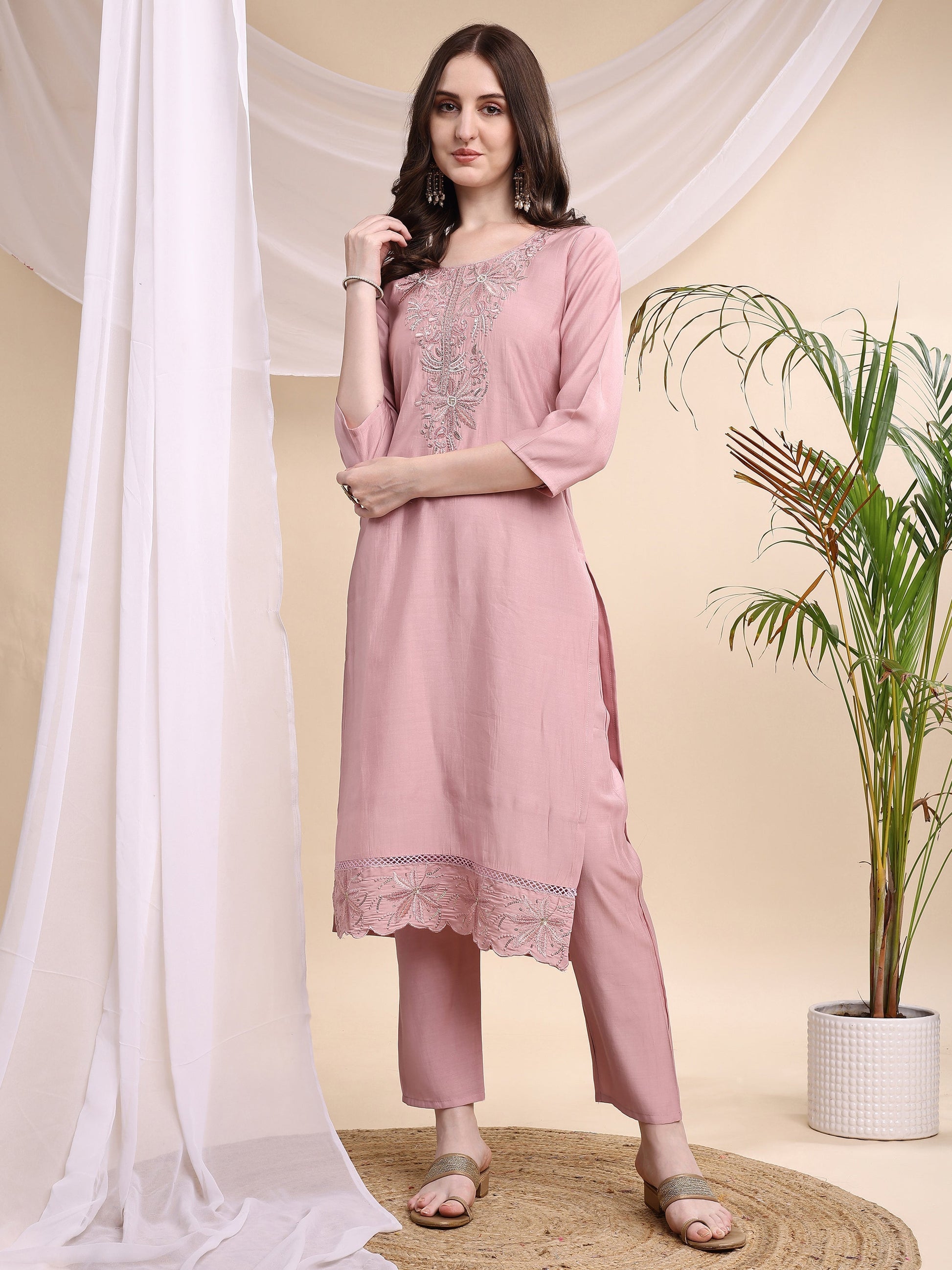 Embroidered Kurta With Pant & Printed Organza Dupatta, Pink - Hiral Fashion