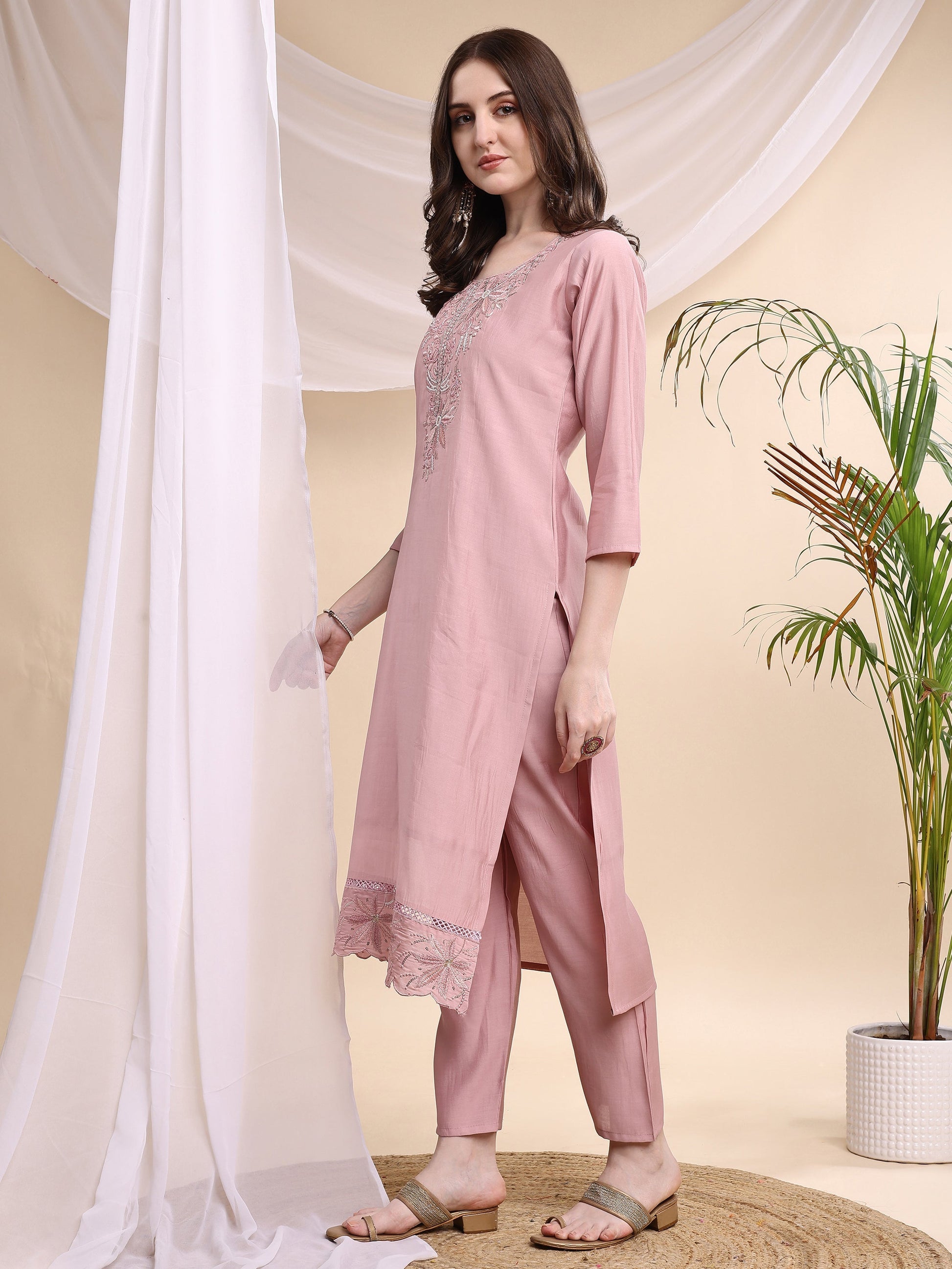 Embroidered Kurta With Pant & Printed Organza Dupatta, Pink - Hiral Fashion