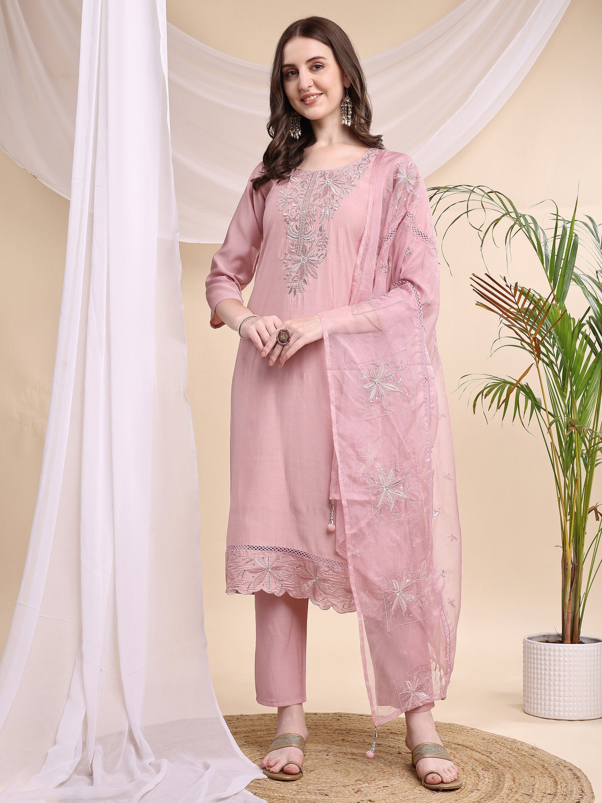 Embroidered Kurta With Pant & Printed Organza Dupatta, Pink - Hiral Fashion