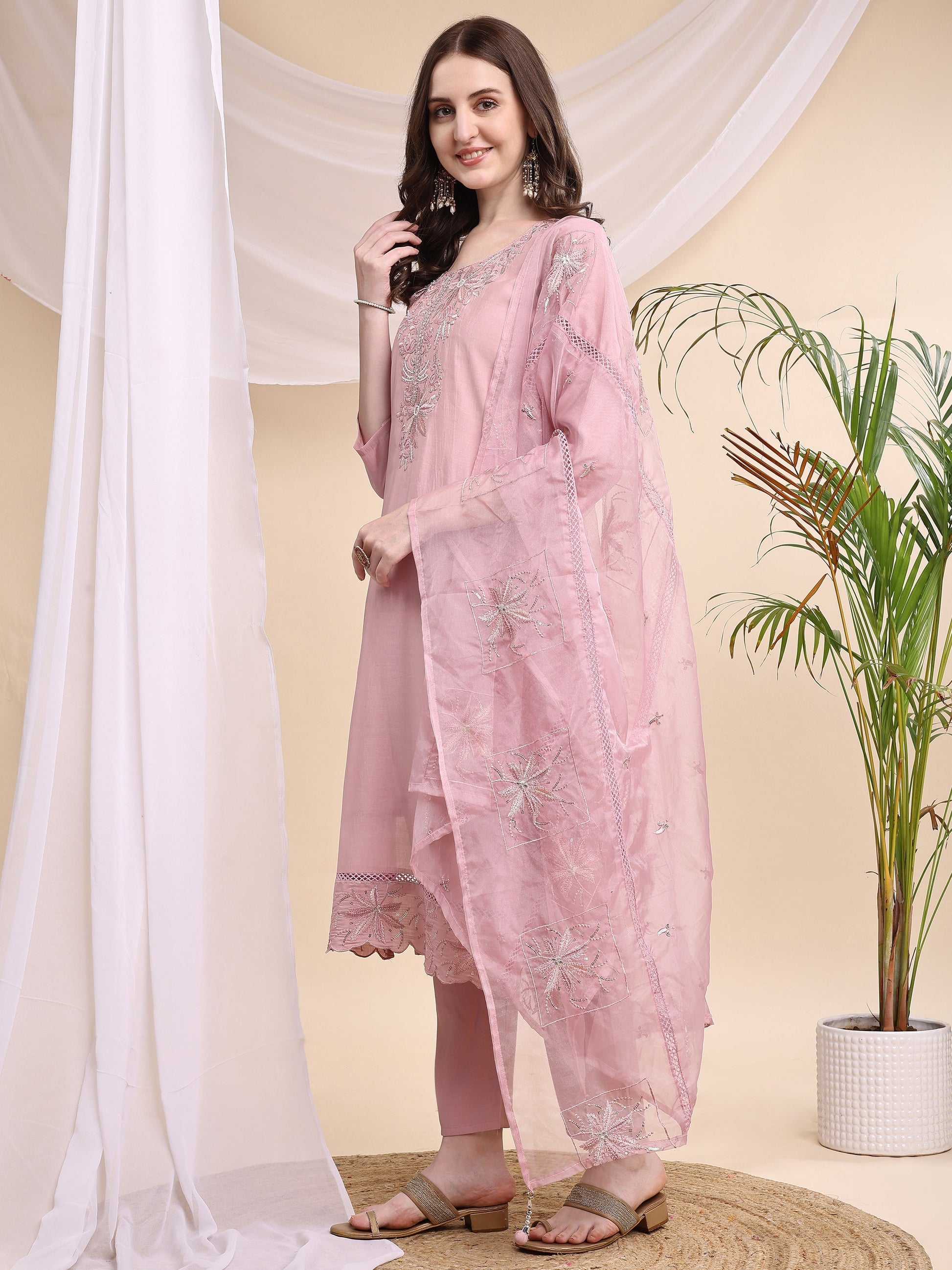 Embroidered Kurta With Pant & Printed Organza Dupatta, Pink - Hiral Fashion