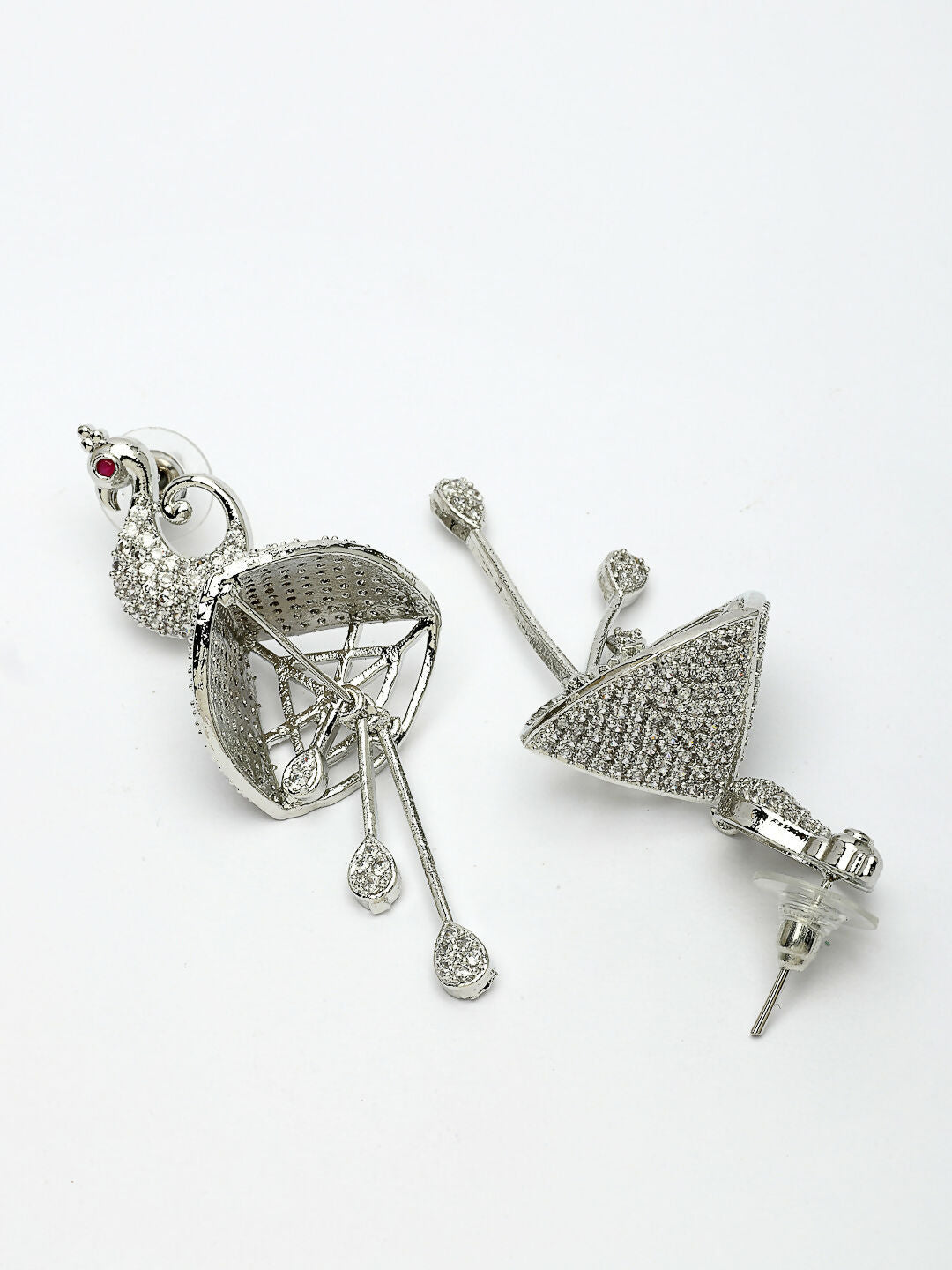 NVR Wome's Silver-Plated AD- Studded Peacock-Shaped Drop Earrings 