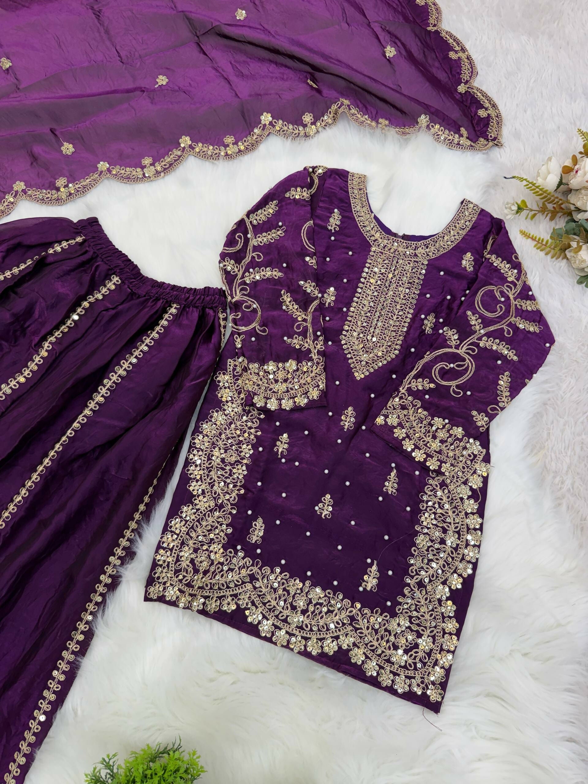 Teeya Creation New Trendy Fully Stitched Ready to Wear Kids Kurta Palazzo Set-Purple