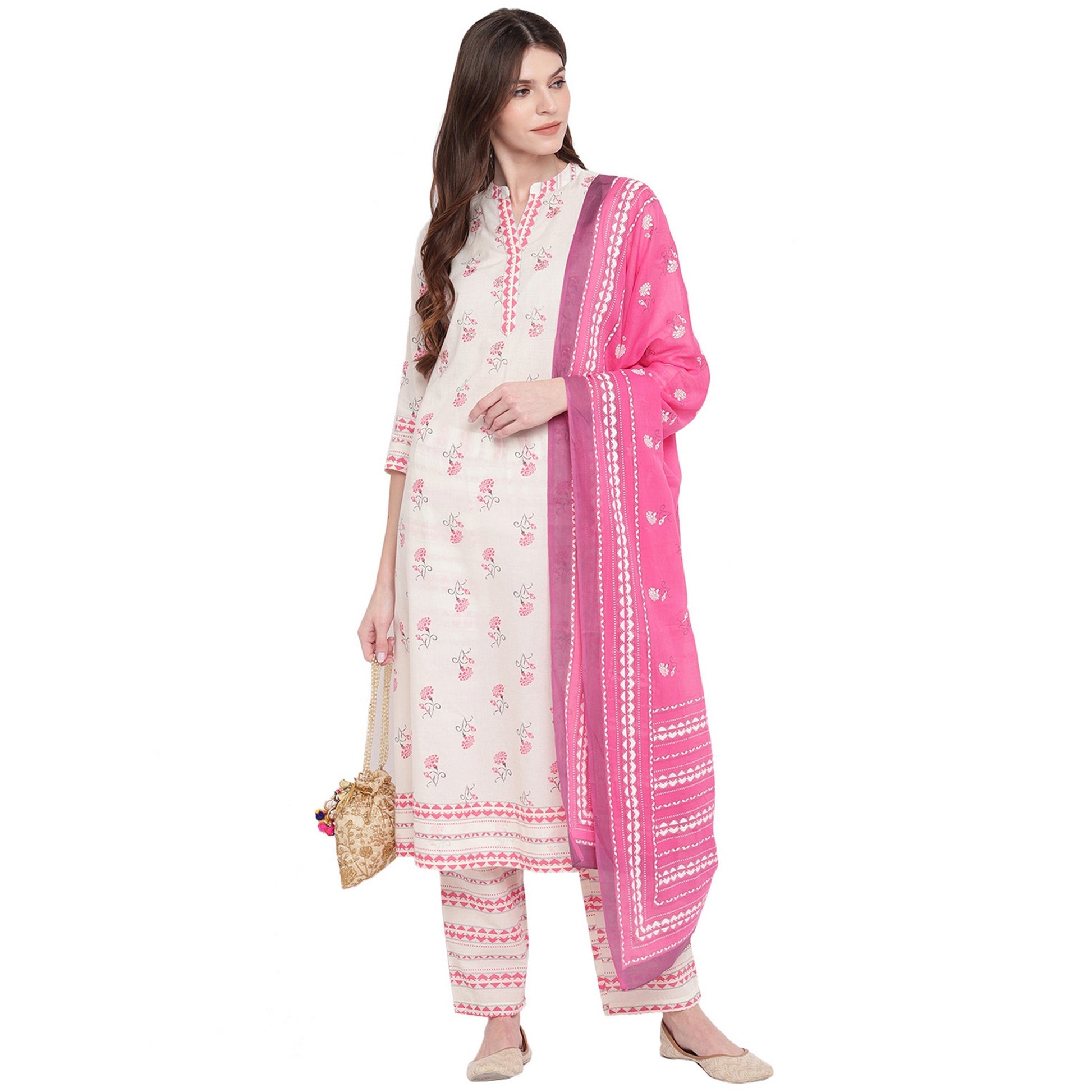NOZ2TOZ Women White cotton kurta With palazzo & Dupatta (3 Pc Set) 