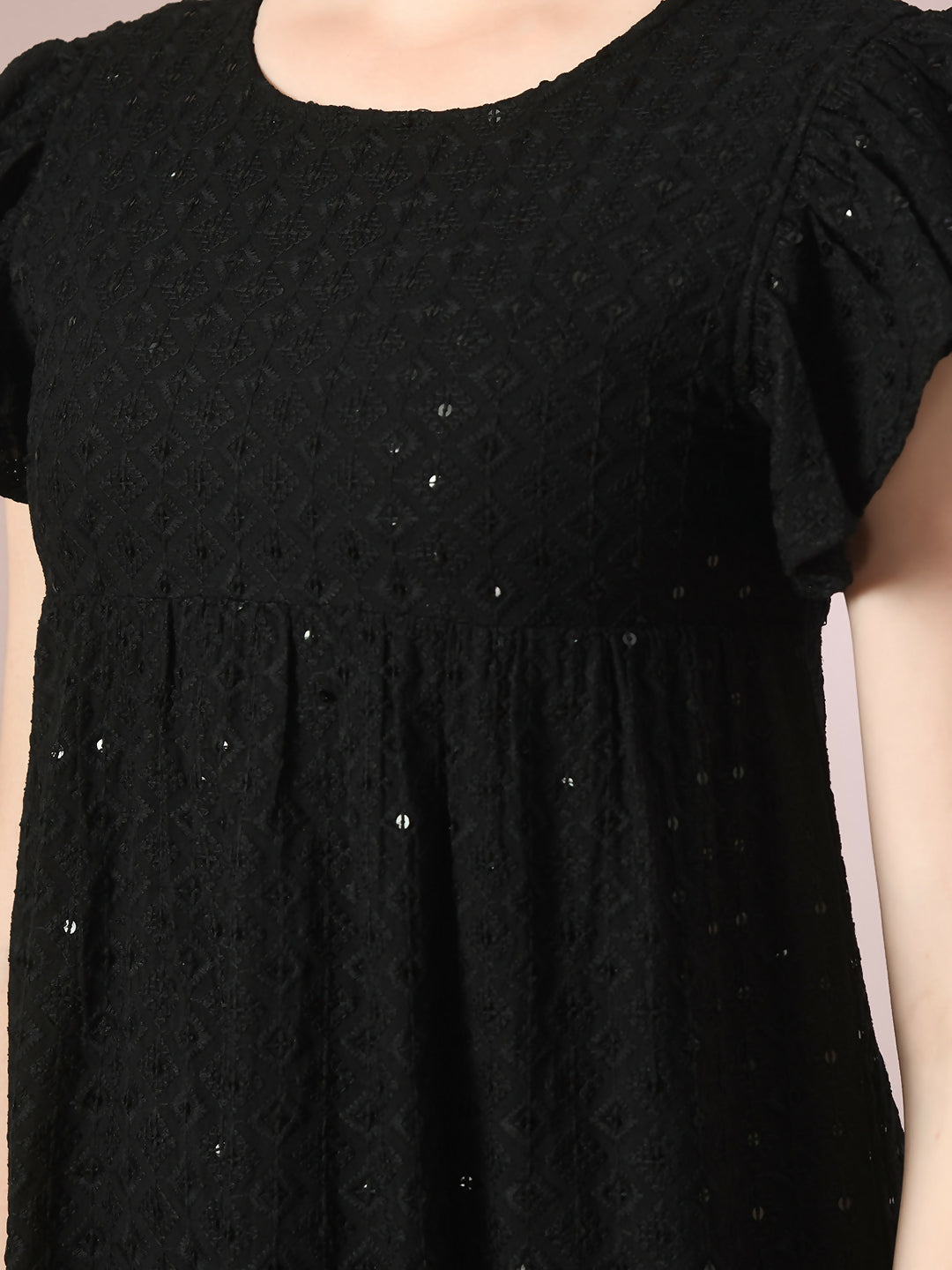 Myshka Women's Black Embroidered Cotton Round Neck A-Line Party Dress