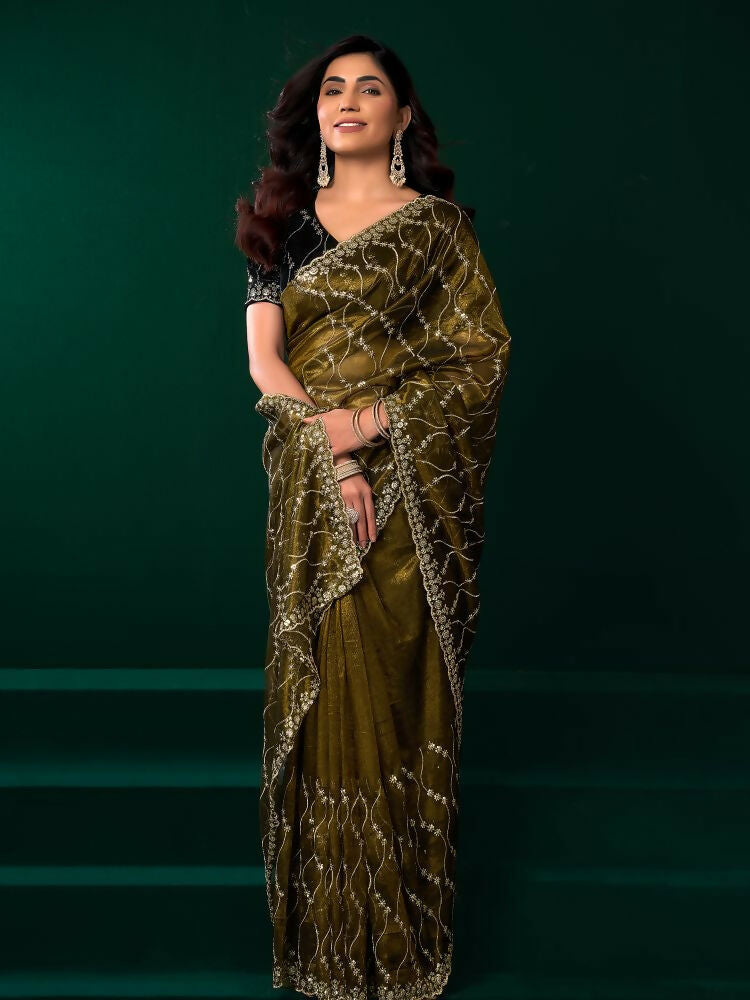 Joban Fashion Mehandi Green Net Party Wear Sarees