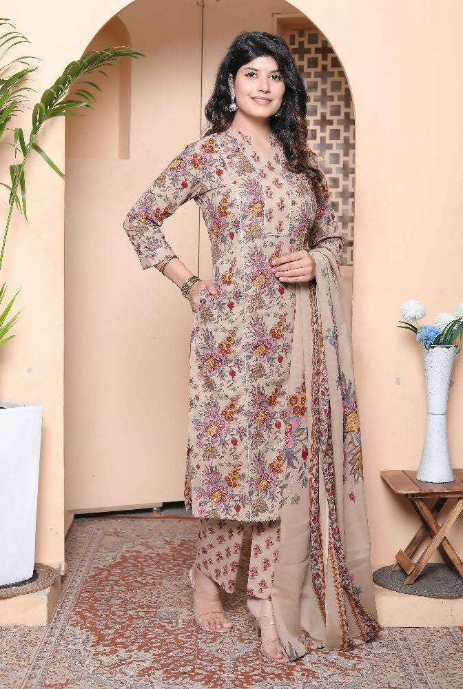 Miravan Womens Multicolor Floral Printed Pure Cotton Kurta And Palazzo With Dupatta Set