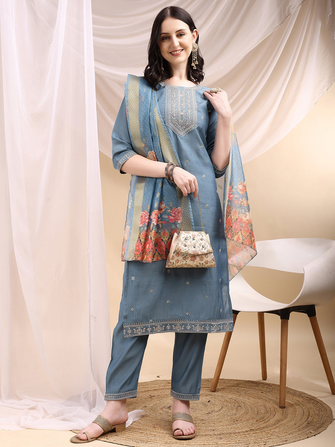 Sequined Embroidered Kurta With Pant & Printed Dupatta, Turquoise - Hiral Fashion