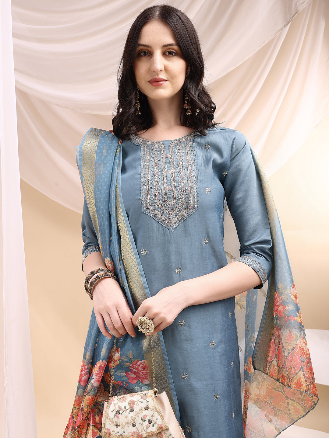Sequined Embroidered Kurta With Pant & Printed Dupatta, Turquoise - Hiral Fashion