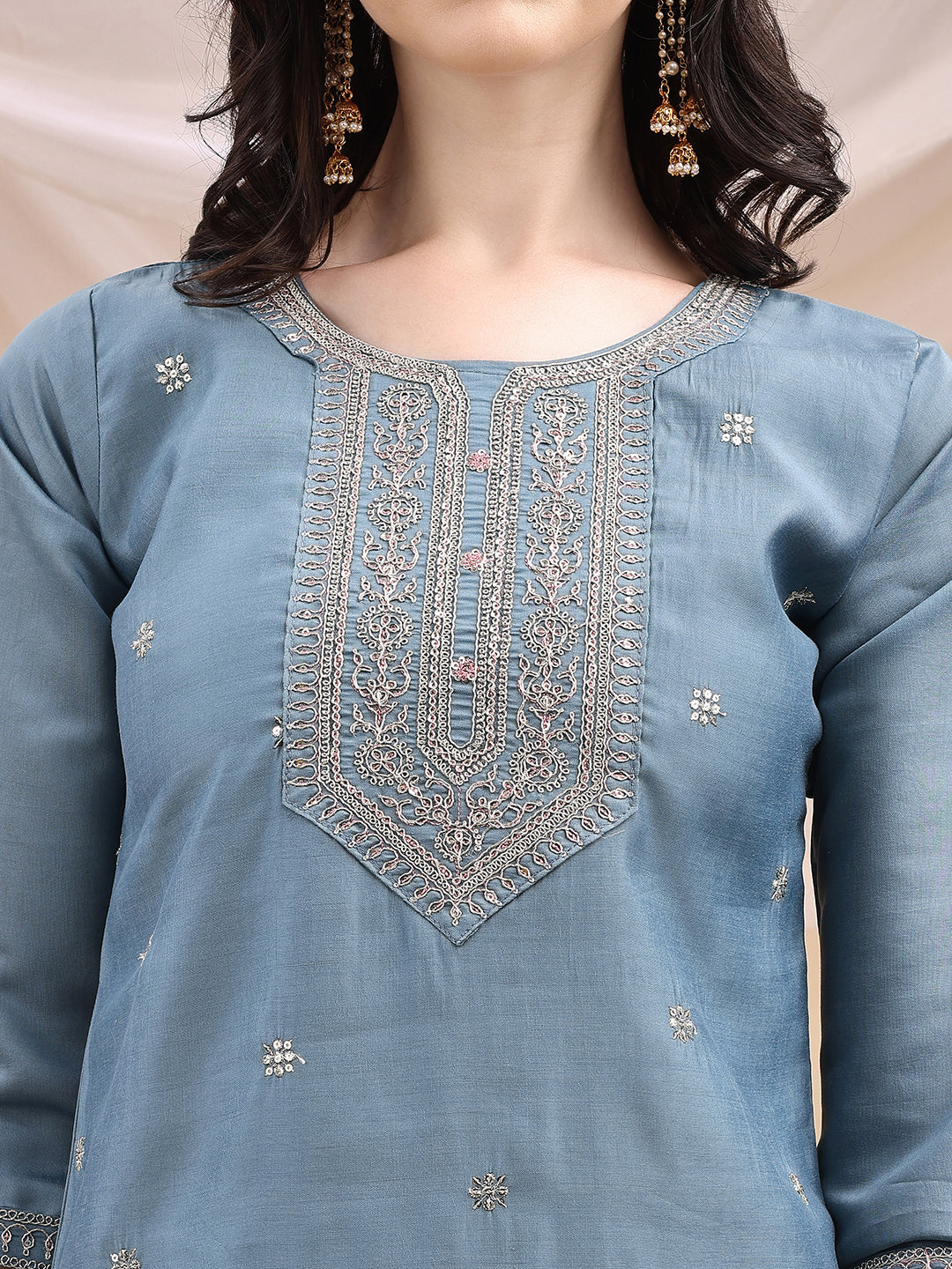 Sequined Embroidered Kurta With Pant & Printed Dupatta, Turquoise - Hiral Fashion