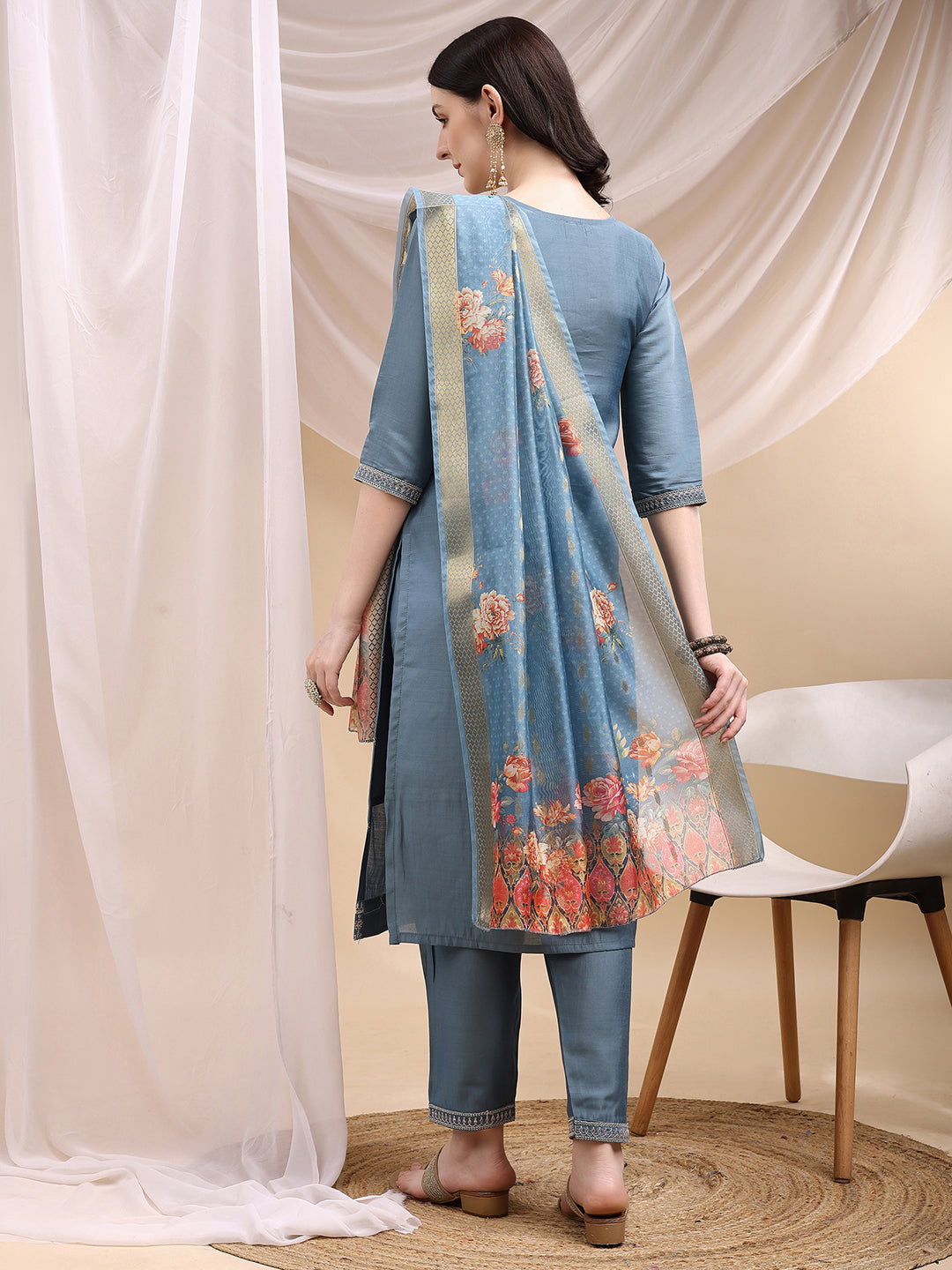 Sequined Embroidered Kurta With Pant & Printed Dupatta, Turquoise - Hiral Fashion