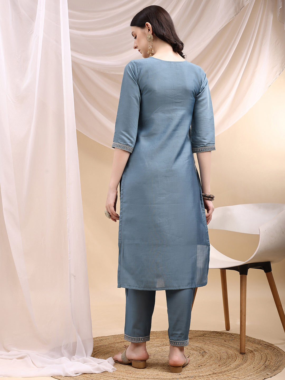 Sequined Embroidered Kurta With Pant & Printed Dupatta, Turquoise - Hiral Fashion