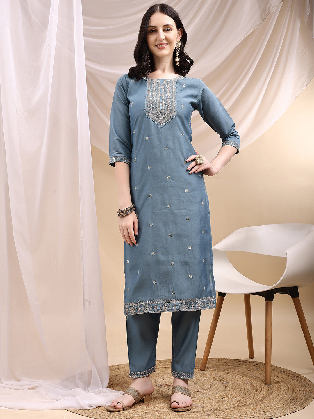 Sequined Embroidered Kurta With Pant & Printed Dupatta, Turquoise - Hiral Fashion