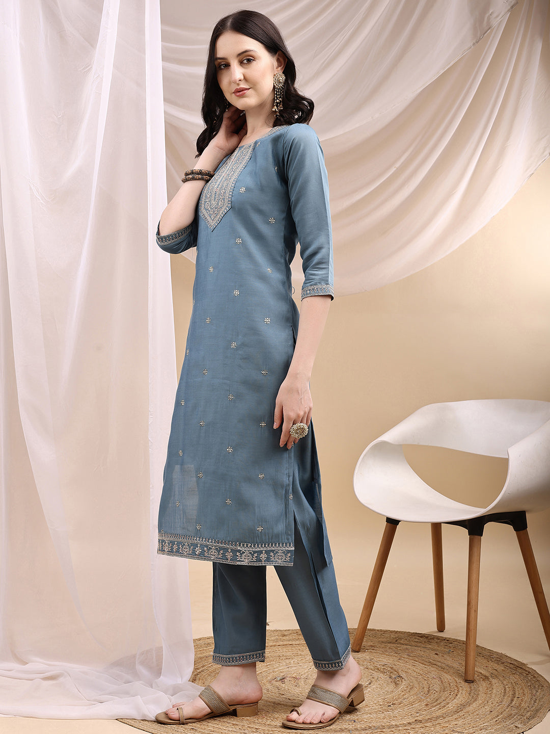 Sequined Embroidered Kurta With Pant & Printed Dupatta, Turquoise - Hiral Fashion