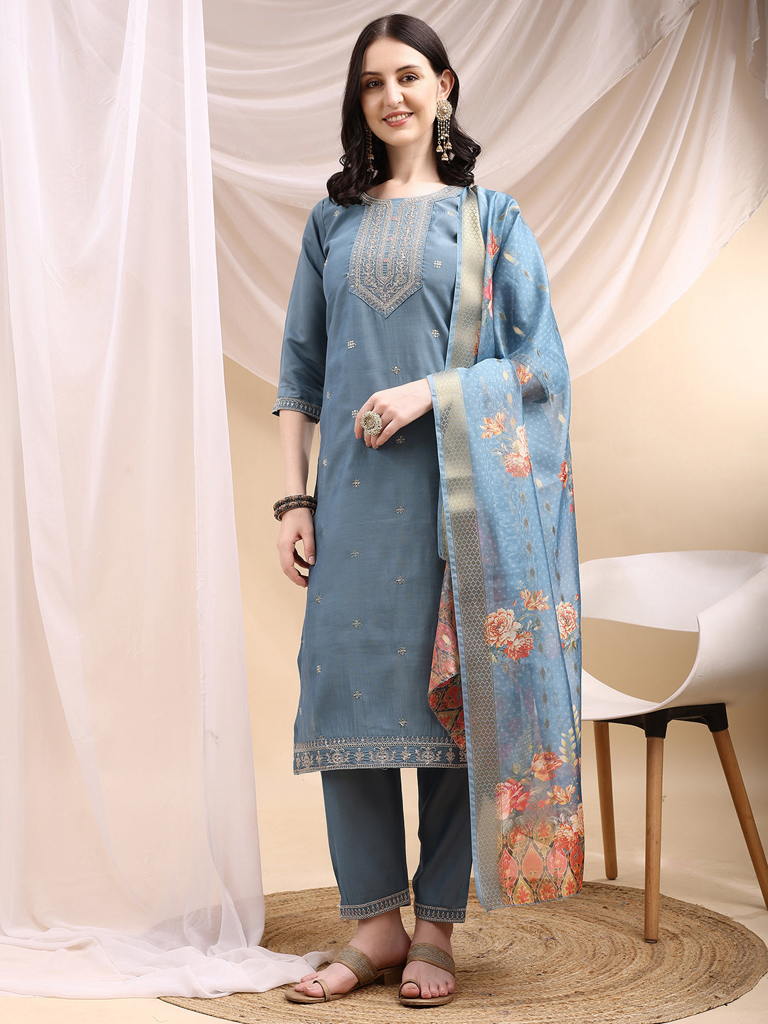 Sequined Embroidered Kurta With Pant & Printed Dupatta, Turquoise - Hiral Fashion