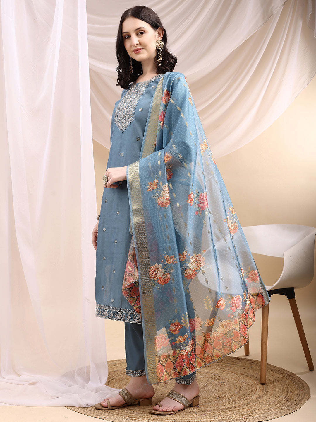 Sequined Embroidered Kurta With Pant & Printed Dupatta, Turquoise - Hiral Fashion