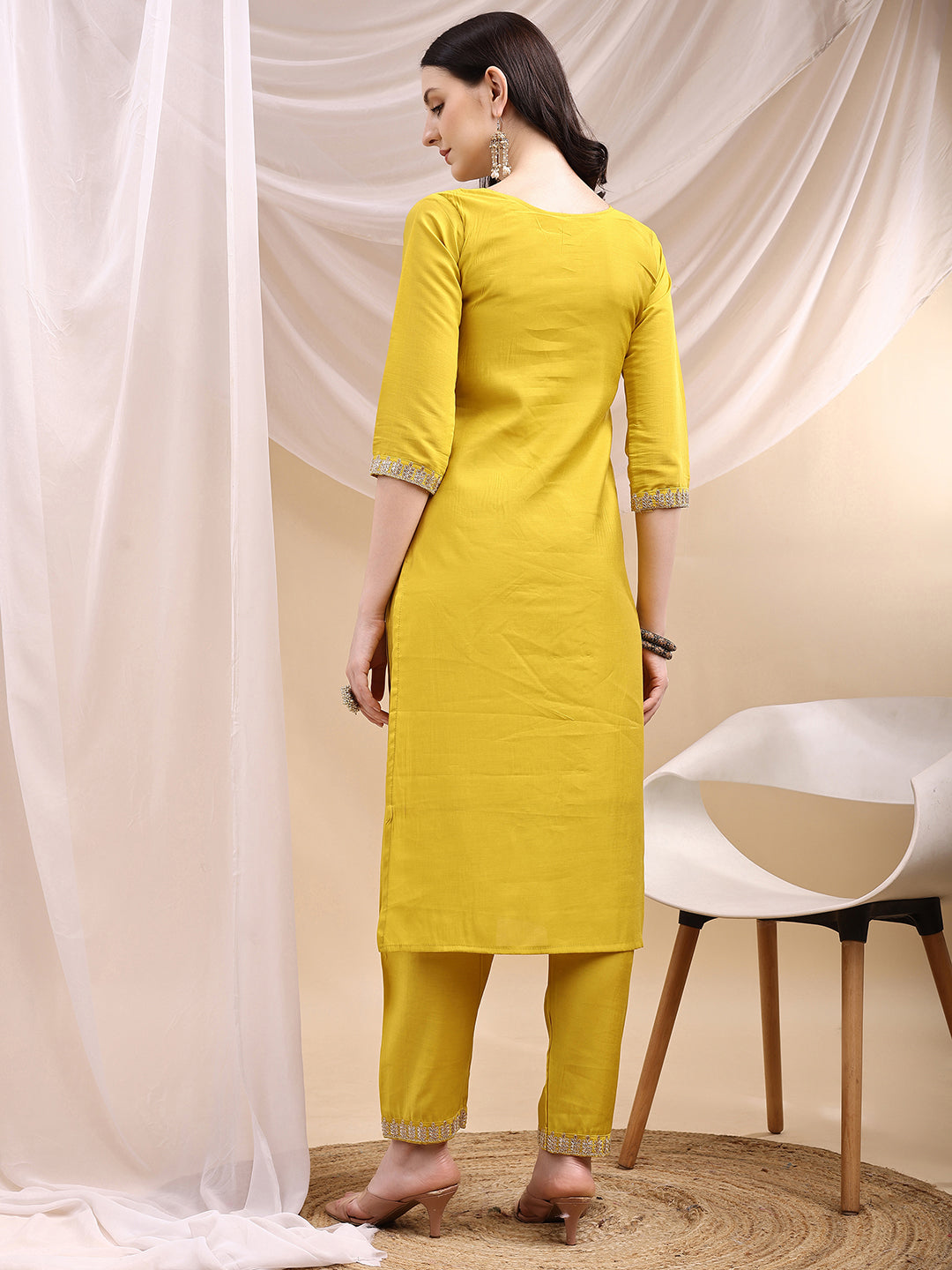 Sequined Embroidered Kurta With Pant & Printed Dupatta, Yellow - Hiral Fashion