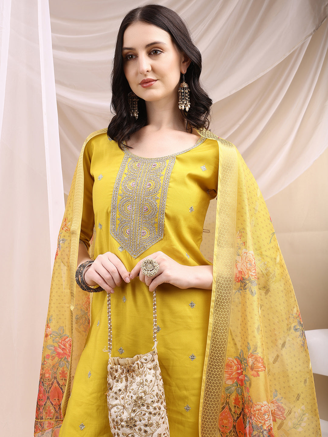 Sequined Embroidered Kurta With Pant & Printed Dupatta, Yellow - Hiral Fashion