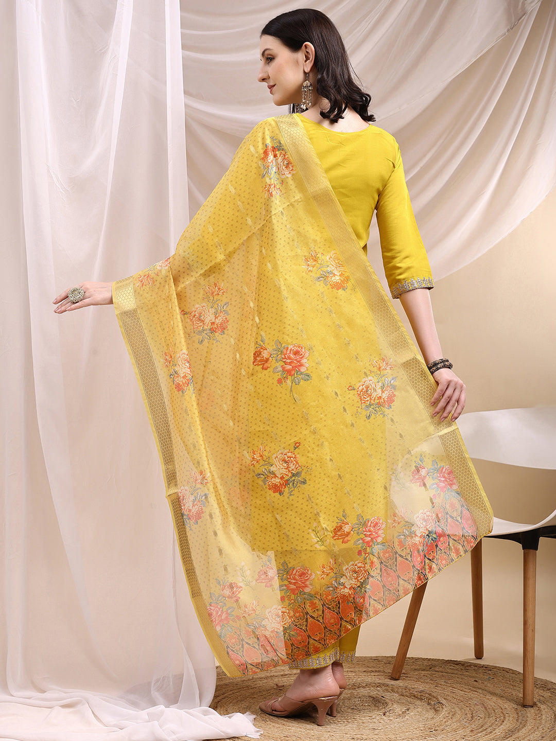 Sequined Embroidered Kurta With Pant & Printed Dupatta, Yellow - Hiral Fashion