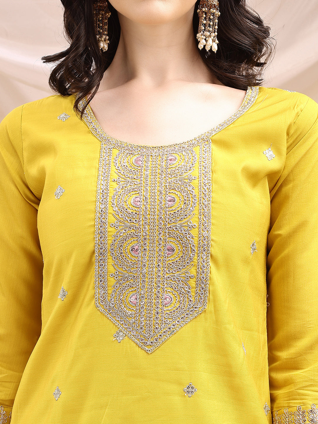 Sequined Embroidered Kurta With Pant & Printed Dupatta, Yellow - Hiral Fashion