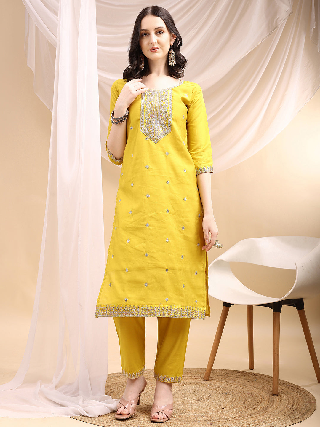 Sequined Embroidered Kurta With Pant & Printed Dupatta, Yellow - Hiral Fashion