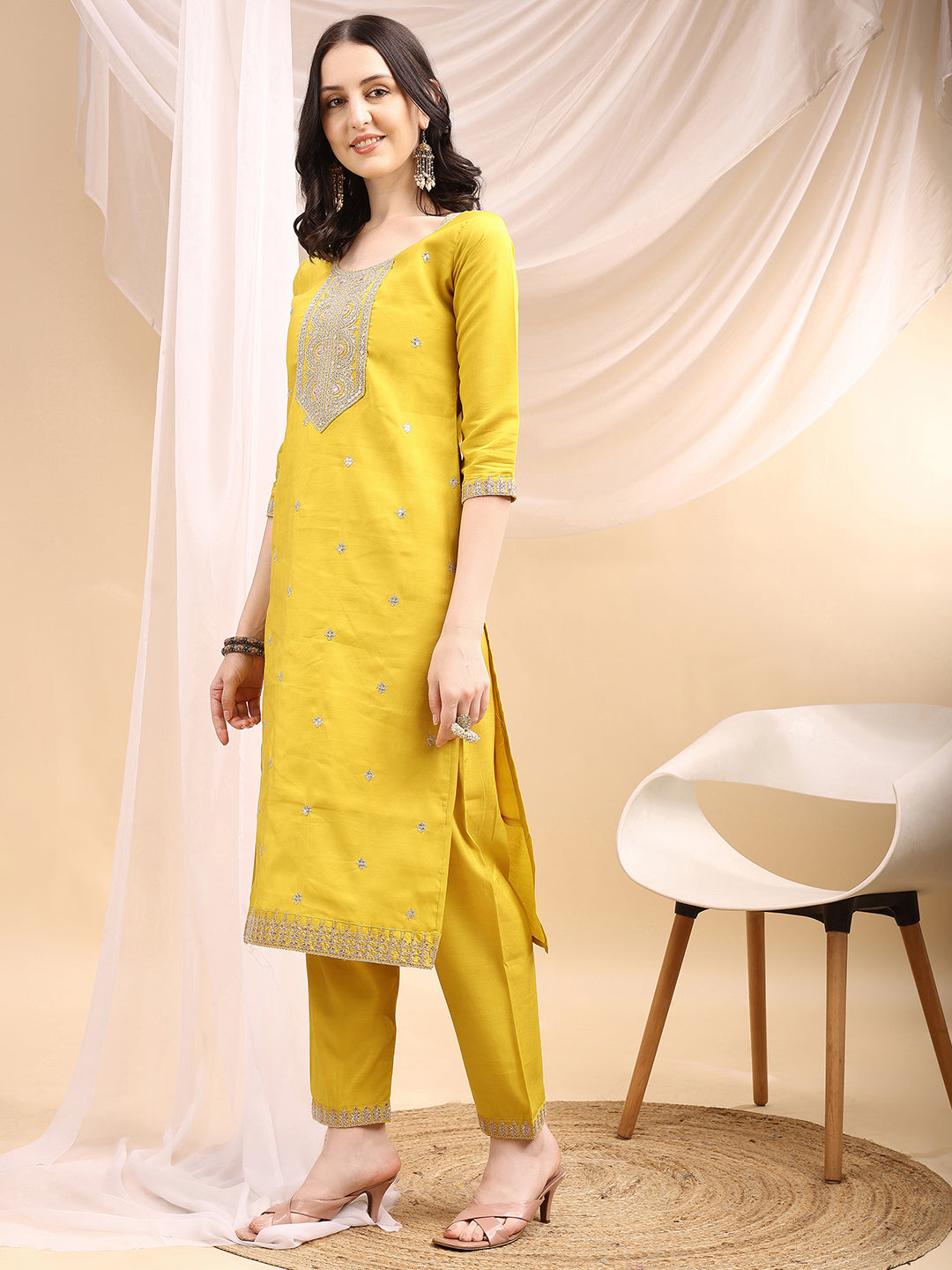 Sequined Embroidered Kurta With Pant & Printed Dupatta, Yellow - Hiral Fashion