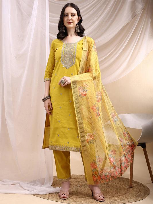 Sequined Embroidered Kurta With Pant & Printed Dupatta, Yellow - Hiral Fashion