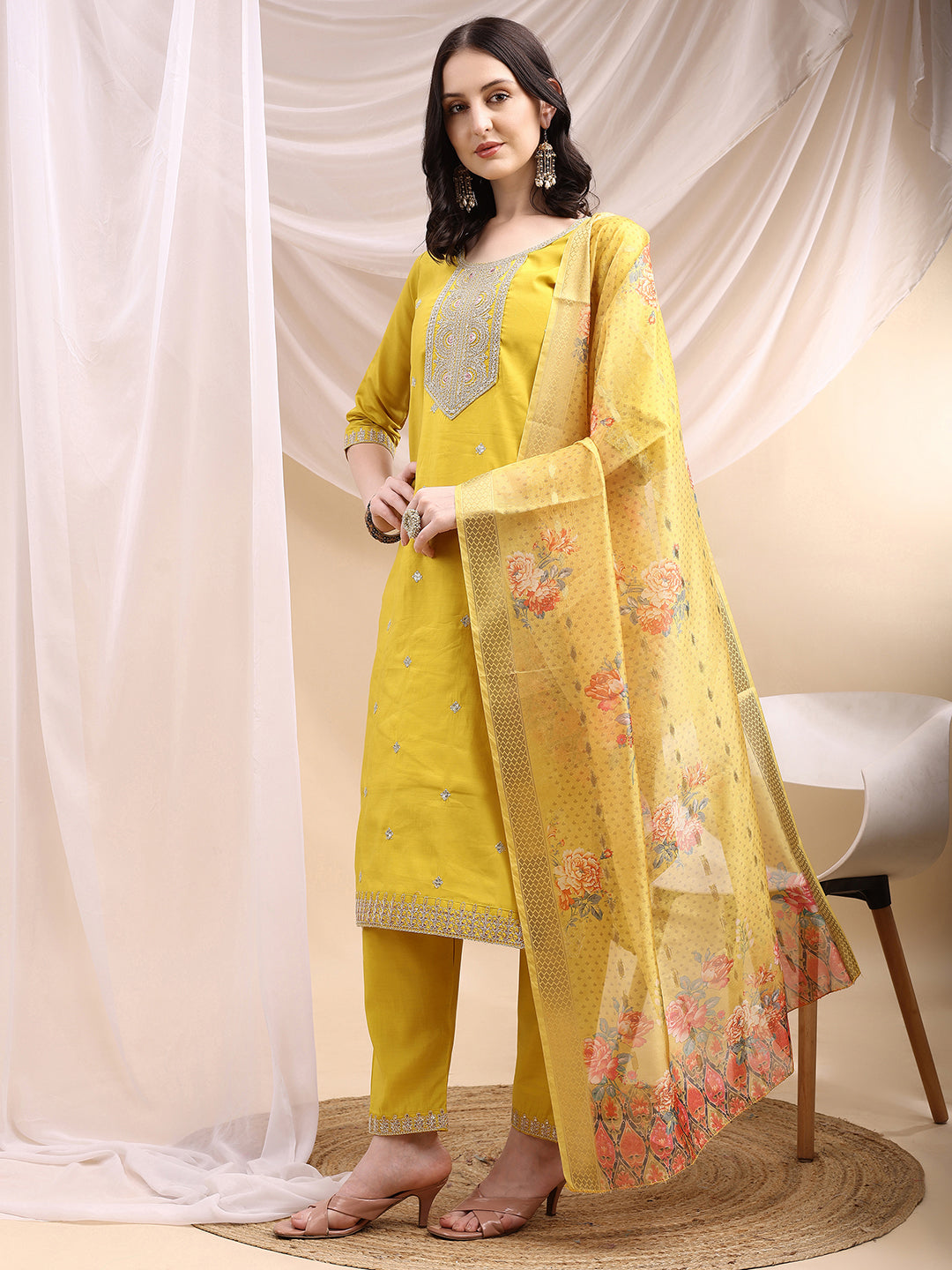 Sequined Embroidered Kurta With Pant & Printed Dupatta, Yellow - Hiral Fashion