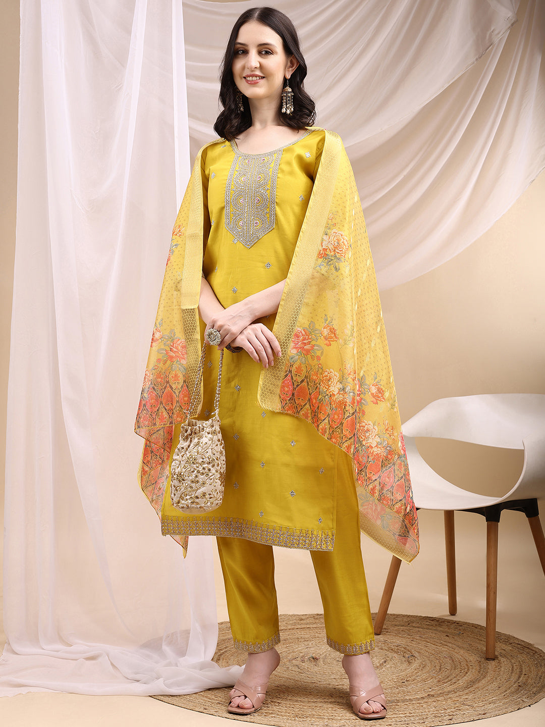 Sequined Embroidered Kurta With Pant & Printed Dupatta, Yellow - Hiral Fashion