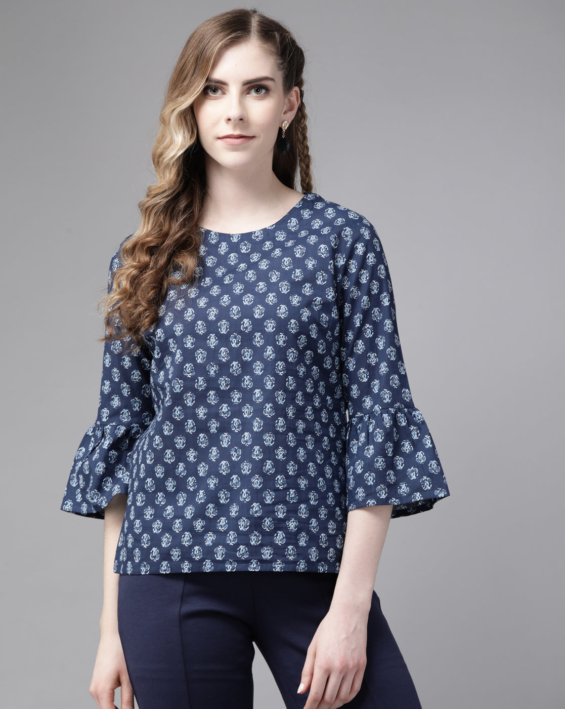 Indo Era Blue Floral Printed Straight Kurti