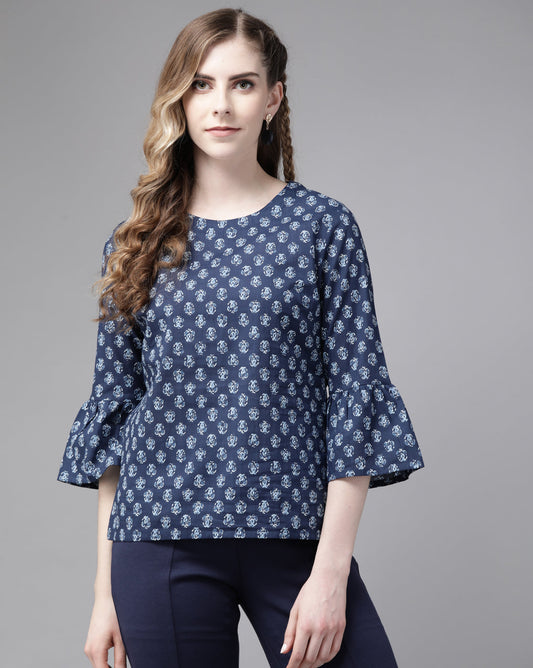 Indo Era Blue Floral Printed Straight Kurti