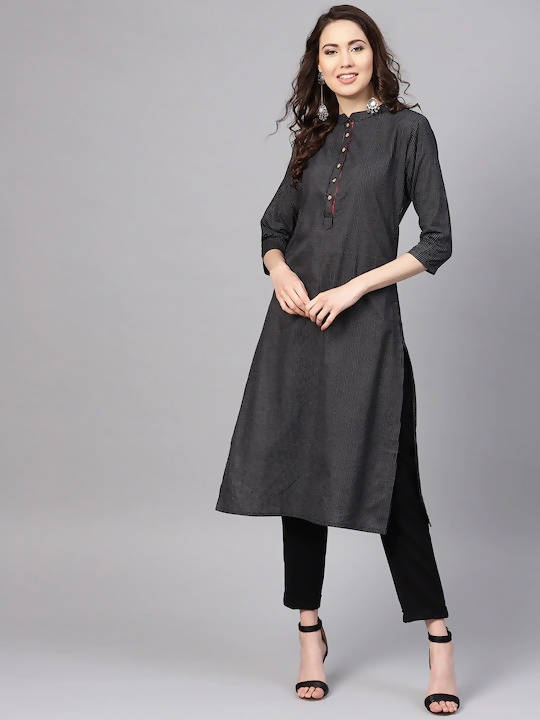 Myshka Women Black & White Striped Straight Kurta