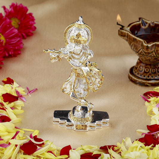Estele Gold-Polished Playing flute Sri Krishna Idol for Home/Car decor 