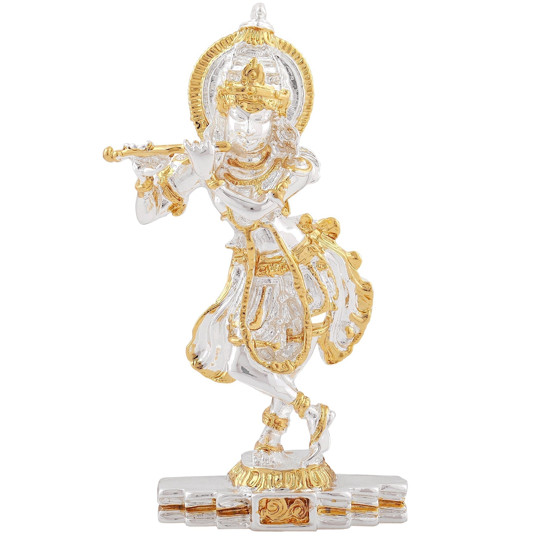Estele Gold-Polished Playing flute Sri Krishna Idol for Home/Car decor 