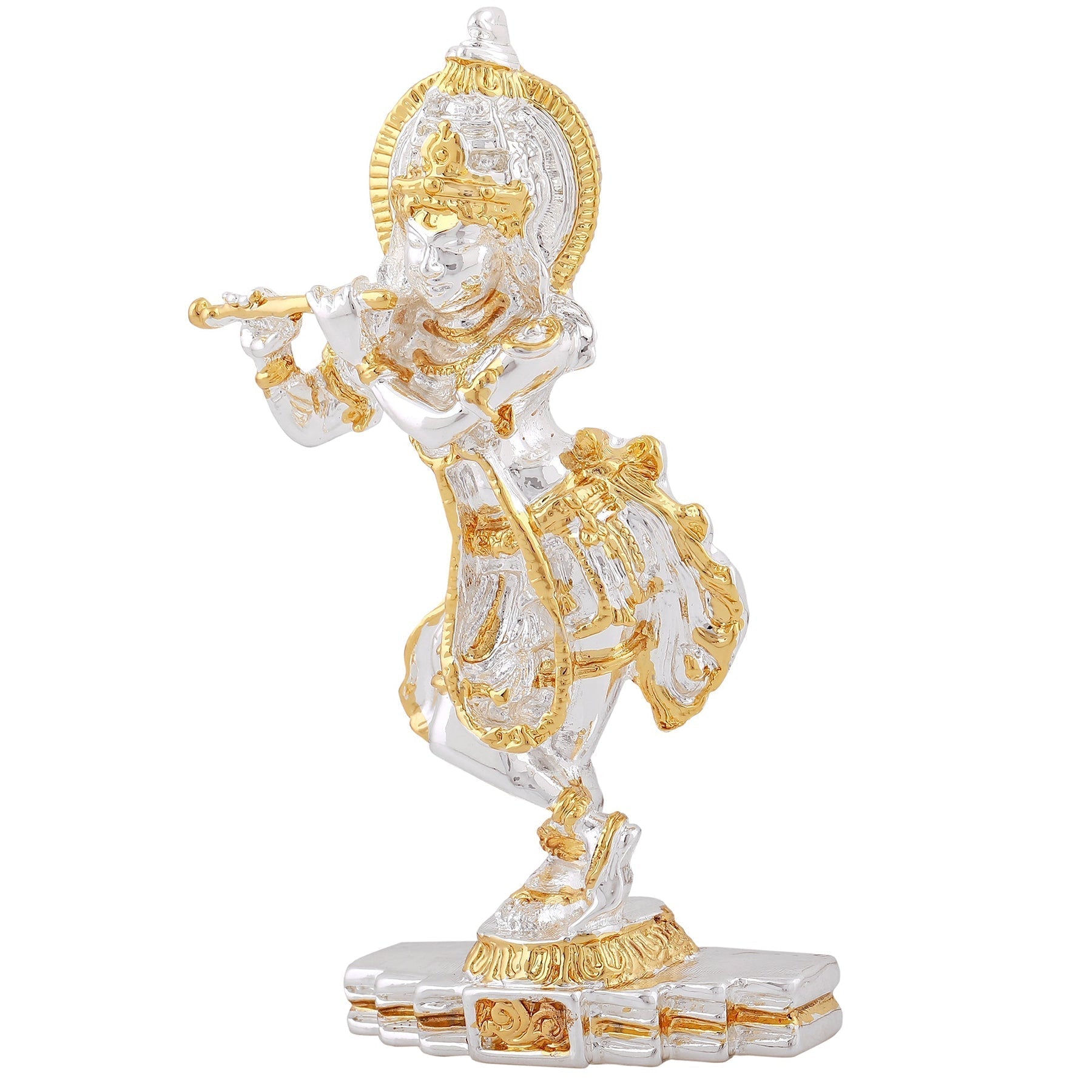 Estele Gold-Polished Playing flute Sri Krishna Idol for Home/Car decor 
