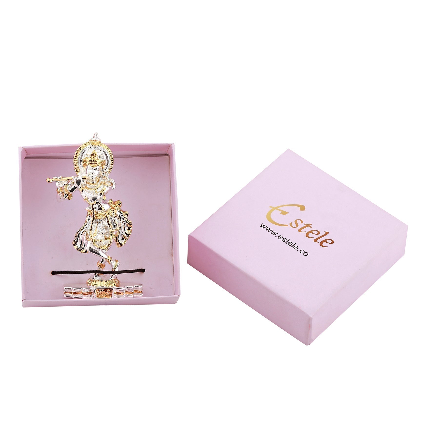 Estele Gold-Polished Playing flute Sri Krishna Idol for Home/Car decor 