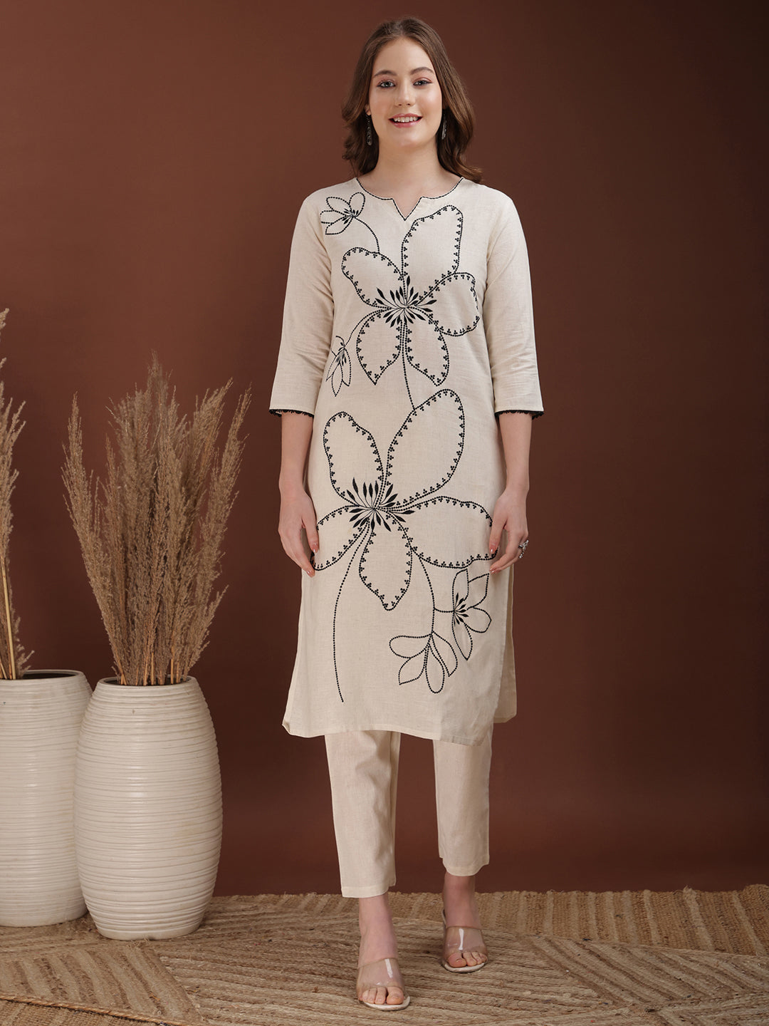 Floral Embroidered Co Ords, White - Hiral Fashion