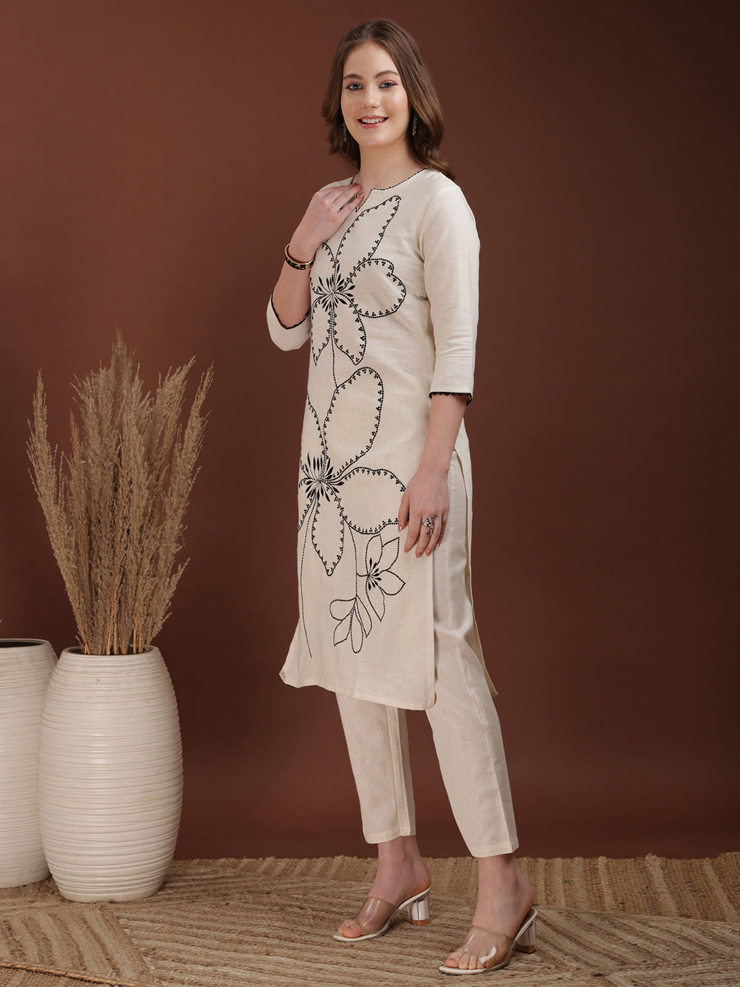 Floral Embroidered Co Ords, White - Hiral Fashion