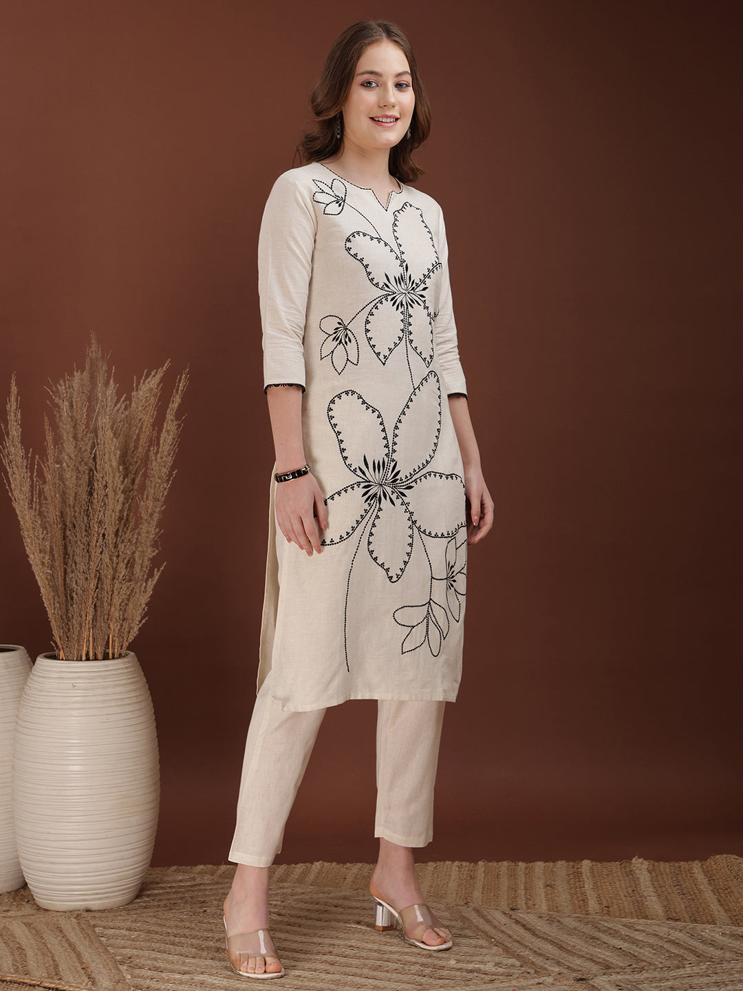 Floral Embroidered Co Ords, White - Hiral Fashion