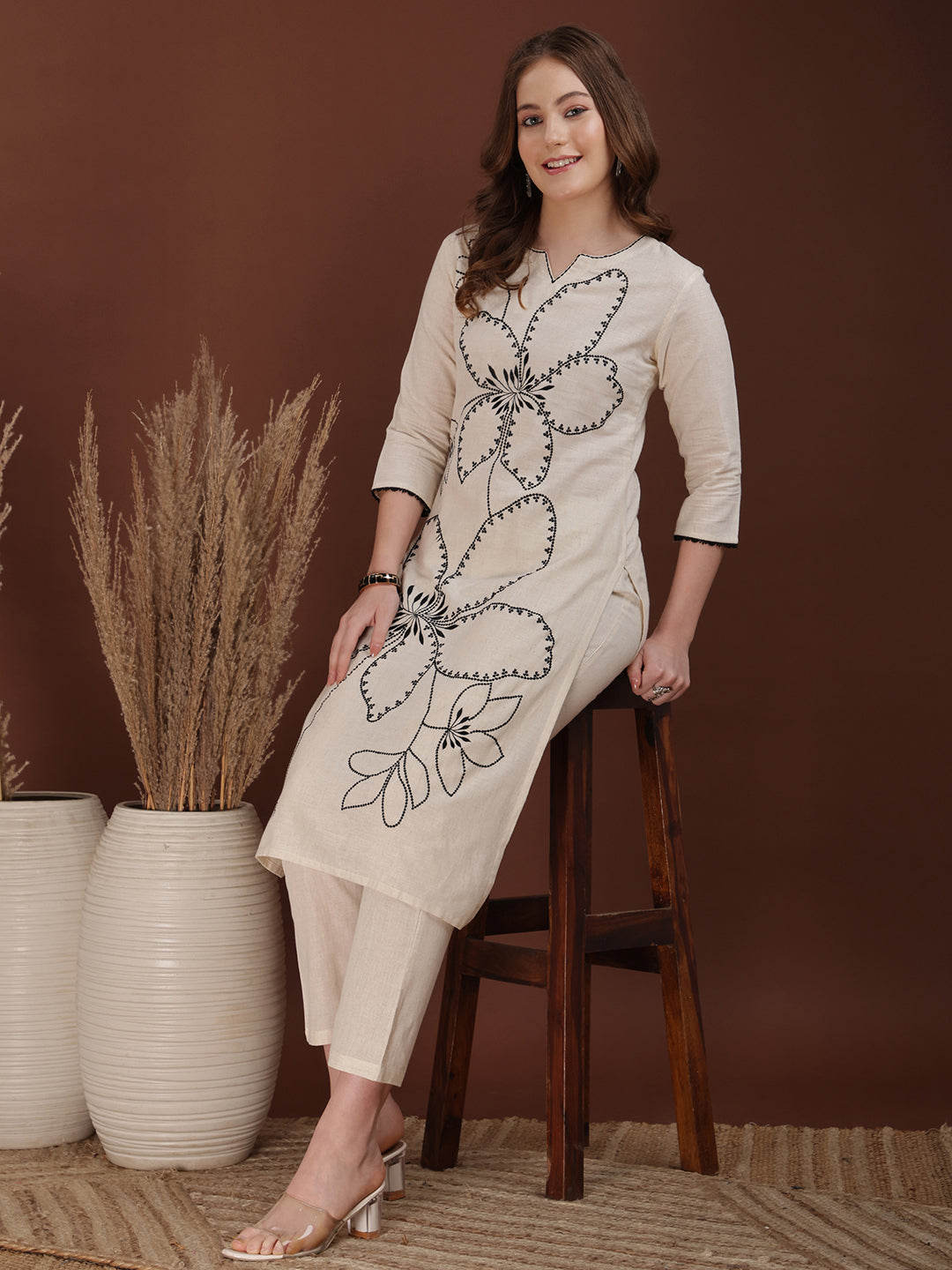 Floral Embroidered Co Ords, White - Hiral Fashion