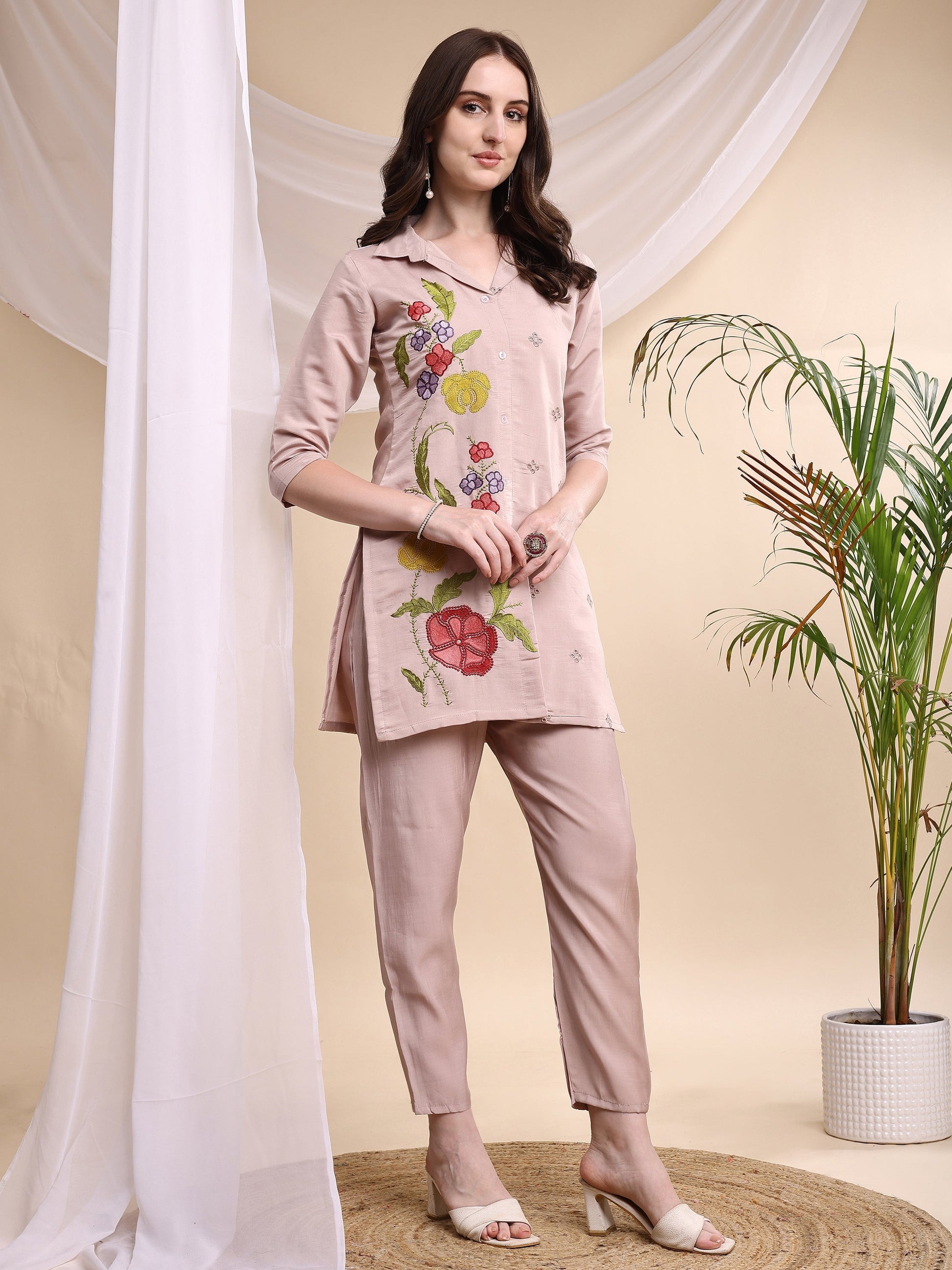 Floral Embroidered Co Ords, Pink - Hiral Fashion
